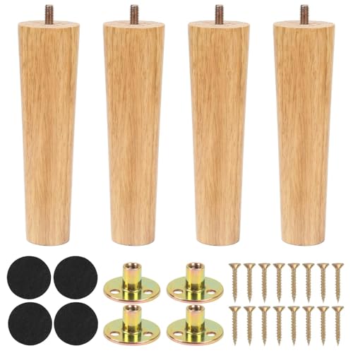Zythrem 4 Pcs Wooden Furniture Legs 18cm/7 inch Wooden Sofa Legs Chair Table Leg Replacement Sofa Feet with Mounting Plates Screws Protection Pad Wood Leg for Furniture Couch Bed Cupboard Wardrobe