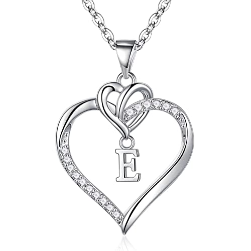 STORUP Heart Necklaces for Women Cubic Zirconia Heart Pendant Necklace 14K-White Gold-Plated Heart Initial E Necklace Dainty Heart Necklaces for Women Jewelry Gifts for Women