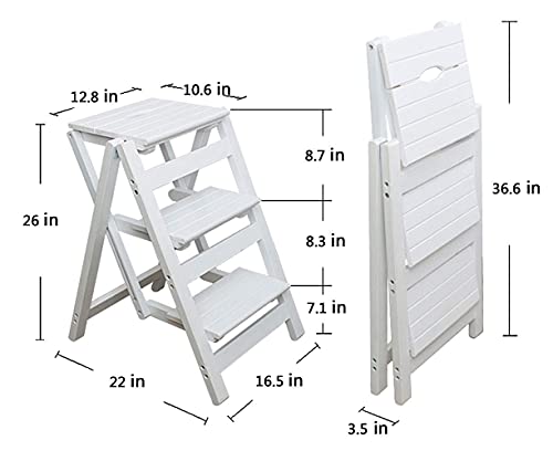 Kingbo Step Stool For Adults/Step Ladder/Counter Chair, 3-Step Folding Portable Wooden Step Stool, Anti-Slip & Lightweight (White) #TOP3