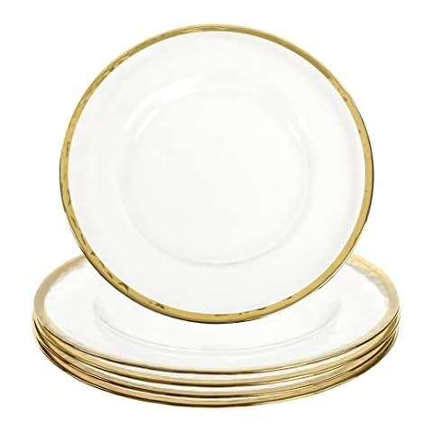 Koyal Wholesale Bulk Clear Glass Gold Rim Charger Plates, Set of 4, Glass Charger with Gold Rim, Glass Hammered Charger Plates Cover