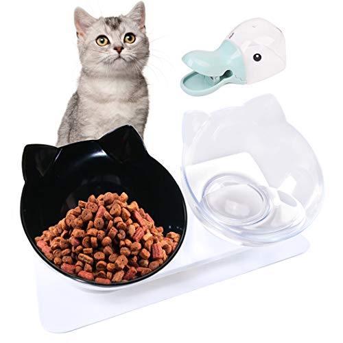 Joyibay Futternäpfe Katzenfutter, Doppelter Futternapf Katzen Neigung Nackenschutz Futternapf Katze rutschfeste Katzennapf Set mit Lebensmittelschaufel für Katze Welpe Futter und Wasser