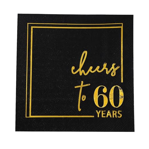 Cheers to Years Cocktail Napkins - 50 PK - 3-Ply Birthday Napkins 5x5 Inches Disposable Party Napkins Beverage Paper Napkins or Birthday Decorations Wedding Anniversary Black and Gold (60 Years)