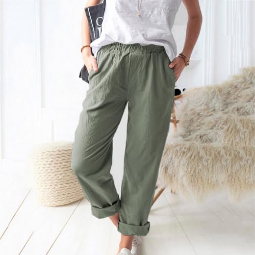 Linen Pants for Women Trendy 2024 Casual Summer Lightweight Straight Leg Pant Elastic High Waist Lounge Trousers2