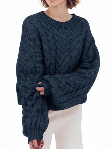 Saodimallsu Pullover Damen Oversized Rundhals Strickpullover Langarm Zopfmuster Grobstrick Pulli Tops Einfarbig Casual Winter Oberteile Dunkelblau S
