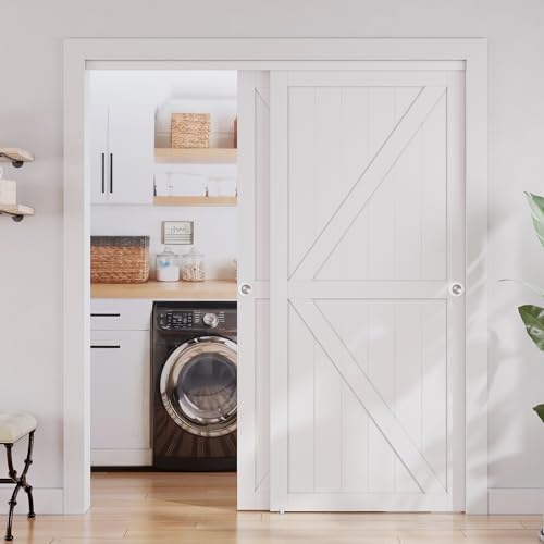 SMARTSTANDARD Closet Sliding Door, 72"×80"(Double Barn Doors 37"), Double K Shape Sliding Door with Hardware Kit, Pre-Drilled Doors Panel, Need to Assemble, MDF with PVC Surface, White