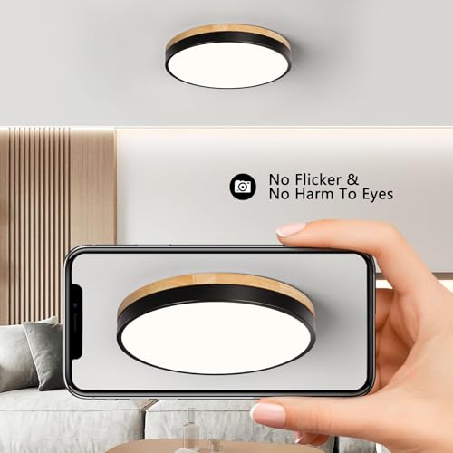 Image of Modern Wood Black Flush Mount Ceiling Light 11.81 Inch