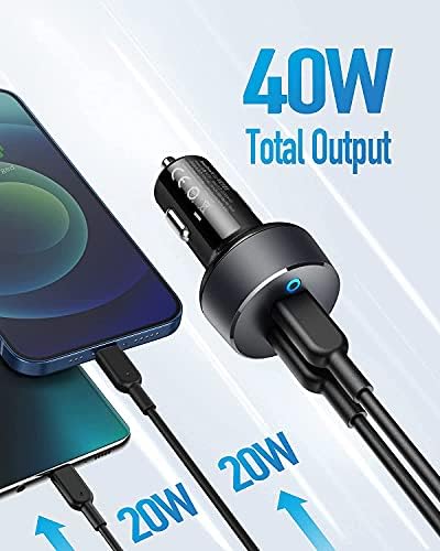 Anker USB C Car Charger, 40W 2-Port PowerIQ 3.0 Type C Car Adapter, PowerDrive III Duo with Power Delivery for iPhone12/12 Pro 11/11 Pro/11 Pro Max/XR/Xs/Max/X, Galaxy S10/S9, Pixel, iPad Pro and More