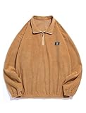 Picture of ZAFUL Men's Striped Patch Sweatshirt Quarter Zip Corduroy Kangaroo Pocket Solid Stand Collar Pullover (1-Coffee, L)