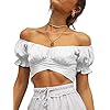 LYANER Women's Ruffle Short Sleeve Tie Up Back Crop Top Off Shoulder Bardot Blouse White Small