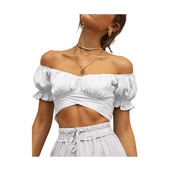 LYANER Women's Ruffle Short Sleeve Tie Up Back Crop Top Off Shoulder Bardot Blouse White Small
