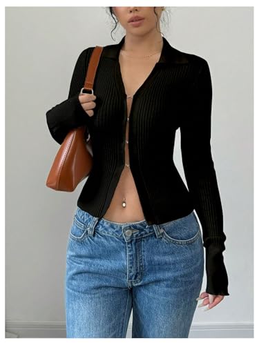 OYOANGLE Women's Long Sleeve Collar V Neck Ribbed Knit Shirt Button Down Fitted Going Out Top2