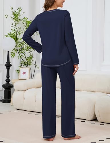 Image of KCW Womens Pajamas Sets 100% Cotton 2 Piece Lounge Set Long Sleeve Tops and Pants Soft Pjs Sleepwear with Pockets