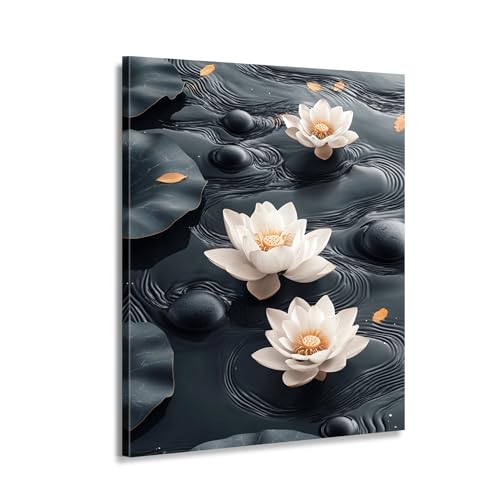 Cuadro botánico de flores de loto sobre agua, lienzo panorámico de 150x70 cm sin marco