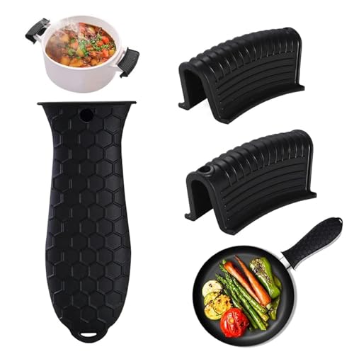 3 Pack Silicone Hot Handle Holders Cover, Assist Pan Handle Sleeve Pot,Non-Slip Pot Holder Sleeve,Frying Pan Casserole Oven Tray Baking Sheets Casserole Cookware(Black)