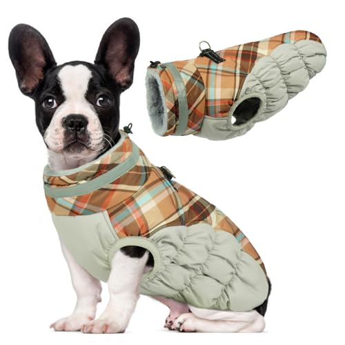 Image of Lelepet Warm Dog Winter Coat Dog Coats for Small Dogs Jacket with Harness | Reflective Cold Weather Coats with Harness Built in Windproof Zip-Up Winter Fleece Vest Snowsuit Yorkie Brown Plaid S
