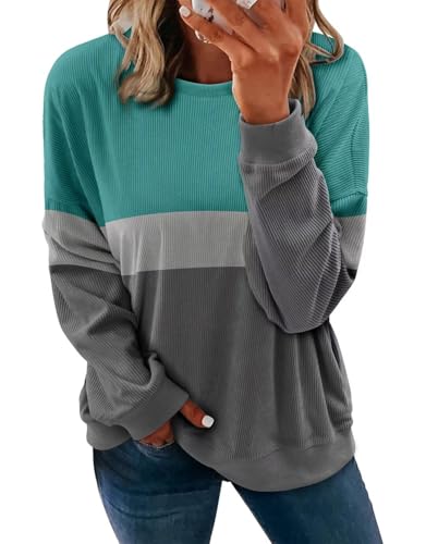 KISSMODA Womens Casual Long Sleeve Sweatshirts Color Block/Solid Tops Corduroy Crewneck Tunic Pullover with Pockets