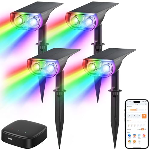 Linkind Smart Solar Lights Outdoor SL5 with Motion Sensor, APP Control Color Changing Spot Lights Outdoor, Halloween Decorations, IP65 Landscape Lighting for Yard, Garden (4 Pack with hub)