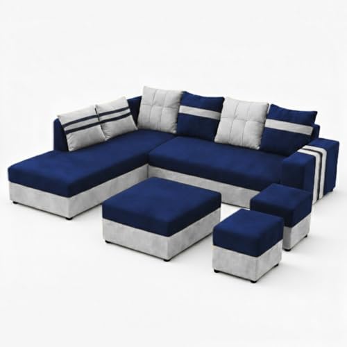 Image of Stova Luxe Velvet-Suede Fabric 8 Seater LHS L Shape Sofa Set | with 2 Ottomans & Centre Table| Comfortable & Spacious Seating | Modern Sofa Set for Living Room - Light Grey & Dark Blue