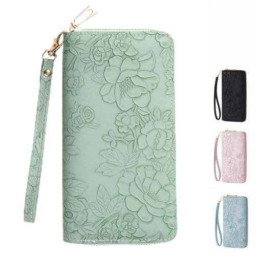 Image of HUANYO Purses for Women Large Capacity Long Wallet with Phone Pocket, PU Leather Clasp Closure Fashion Wristlet Clutch Wallet with Multi Card Slots (Green)