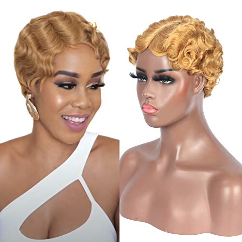 Short Finger Wave Wigs 100% Blonde Synthetic Hair Mommy Wigs 1920s Flapper Costume Synthetic Hair Wigs for Women (Blonde 27#)