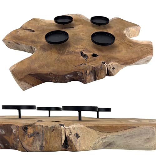 Adventskranz aus rustikalem Teakholz mit schwarzen Kerzenhaltern aus...