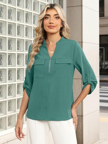 Funlingo Business Casual Tops for Women 3/4 Length Sleeve Womens Tunic Tops V Neck Dressy Work Blouses Professional Clothes 2026 Turquoise 3XL — view 4