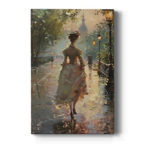 Renditions Gallery Wall Art Paintings & Prints Woman in White Dress & Hat Evening Street Lights Vintage Oil Portait Wall Hangings Canvas for Lounge Kitchen Bedroom - 12" X 18" LT563