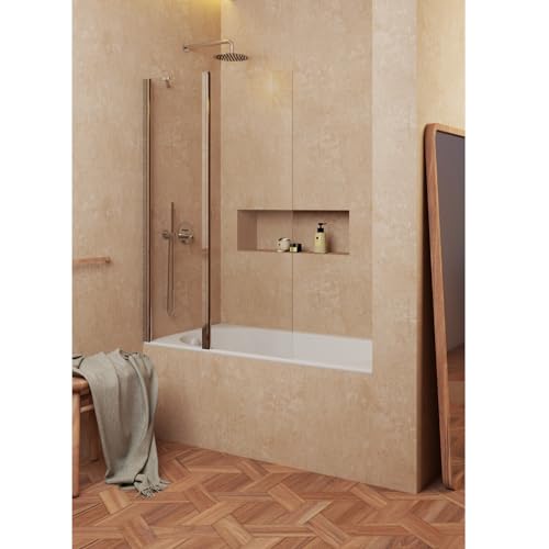 Mampara de bañera frontal hoja fija + abatible 180º- Transparente - Cristal templado 6 mm Antical - Cromo- Ancho 50cm fijo + 75cm abatible– H= 150cm