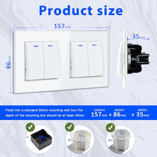BSEED Lichtschalter Unterputz mit Steckklemme, Lichtschalter Glas 2 Fach 1 Weg+2 Fach 1 Weg, Taster Schalter Unterputz mit LED Kontrollleuchte, Wandschalter für Wohnzimmer, Büro, Küche-Weiß
