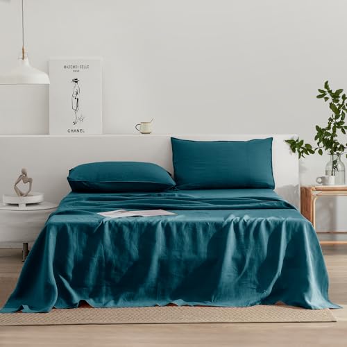 EVERLY Linen Queen Sheets Set, 100% Stonewashed French Linen Bed Sheets Deep Pocket Sheets, 4 Pieces (1 Flat Sheet, 1 Fitted Sheet, 2 Pillowcases) Natural Flax Bedding Set-Graphite Blue