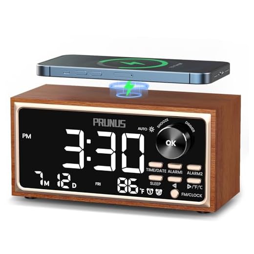PRUNUS J-177 Retro Vintage Alarm Clock Radio with Fast Wireless Charging, Dual Alarms, Snooze, Large LED Display,Dimmer Control,Auto-Dimming,Retro Clock for Bedroom