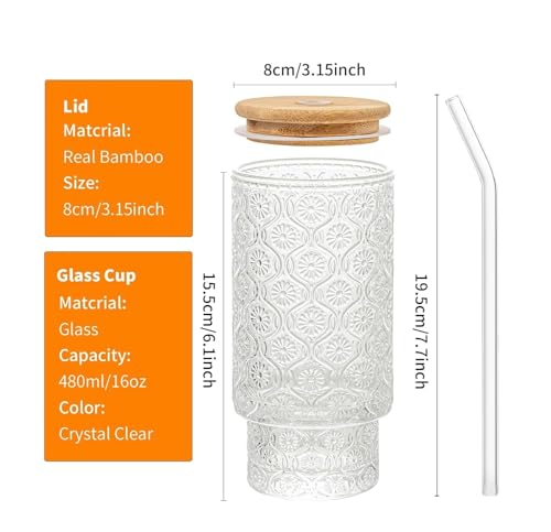 Image of WEZOSHINET Glass Sipper Mugs with Wooden Lid & Straw Pack of 1, 300ml Clear Textured Embossed Drinking Glasses Tumbler for Iced Coffee Beer Cocktail Home & Travel Cup (Embossed)