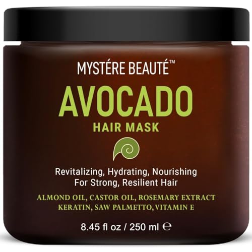 MYSTÉRE BEAUTÉ Avocado Hair Mask - Revitalizing, Nourishing, Hydrating Hair Mask - with Castor Oil, Rosemary, Keratin, Saw Palmetto & Vitamin E - 8.45 fl oz
