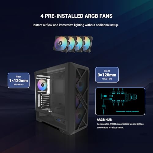 Image of SAMA S41 ATX Mid-Tower Gaming PC Case, 4 ARGB Fans, USB-C, 360mm AIO, Black | Fan Hub Included, High Airflow Mesh Gaming Computer Case, Back-Connect Ready, 427mm GPU & 360mm AIO Support, 32mm Cable