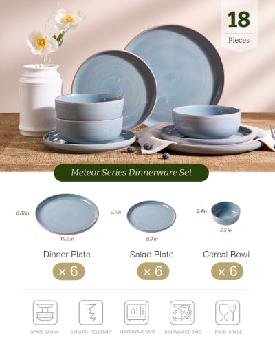 Image of Famiware Meteor 18-Piece Stoneware Dinnerware Set, Blue Gray | Plates and Bowls for 6, Reactive Glaze with Speckles & Circles, Microwave /Dishwasher Safe, Chip /Scratch Resistant