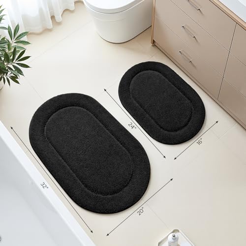 HOMEIDEAS Bathroom Rugs Sets 2 Piece, Small Bathroom Rugs, Soft, Absorbent Microfiber Mats, Machine Washable Bath Mats for Shower Room, Bathtub, Kitchen (20" x 32" + 16" x 24", Black)