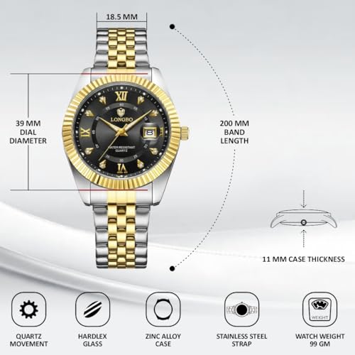 Image of Longbo Trident 83831 Analog Watch with Studded Dial Accents, Stainless Steel Bracelet, Luminous Hands & Date Display | Men | Office, Business, Formal & Gifting