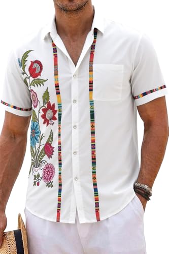 KYKU Mexican Shirts Men Guayabera Shirt Short Sleeve Button Down Beach Men Clothes White M
