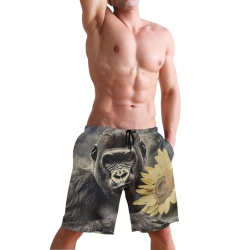 Men Swim Trunks-Gorilla Sunflower, Beach Shorts with Inner Lining Quick Dry Board Shorts S4