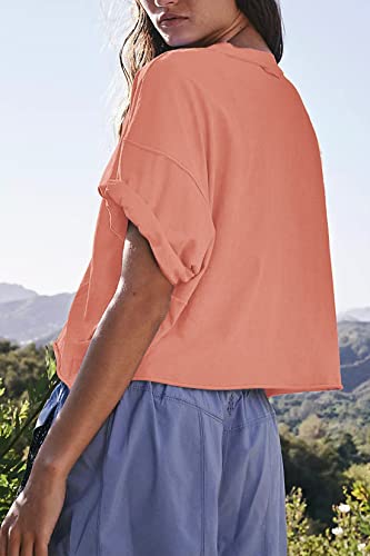 Image of HUGOOME Womens Oversized Workout Crop Top Casual Short Sleeve Boxy Roll Hem