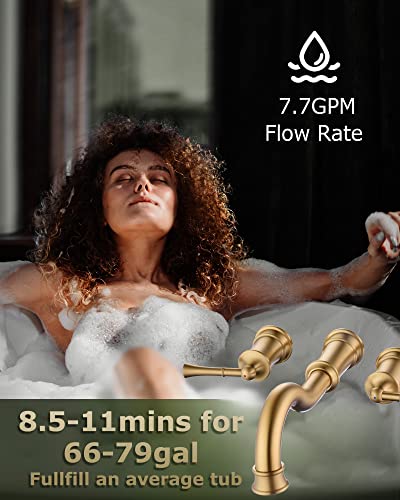 Winkear Roman Bathtub Faucet Wall Mount Widespread Tub Filler With Rough-In Valve 3 Holes 2 Lever Handle Elegant Classic Spout For Bathroom, Brushed Gold #TOP4