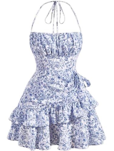 Narecte Sommerkleider für Damen, Neckholder-Minikleid mit Blumendruck, kurzes Kleid mit Rüschenbesatz, Freizeitkleider, Blau, Groß