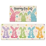 Tailus Happy Easter Bunny Peeps Decorative Kitchen Rugs Set of 2, Colorful Rabbit Kitchen Mat Polka