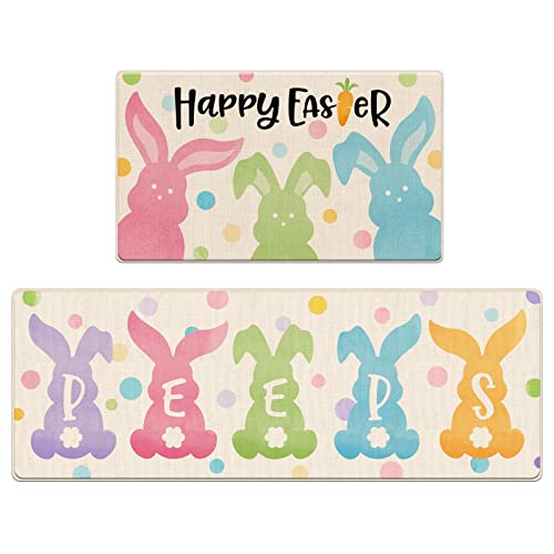 Tailus Happy Easter Bunny Peeps Decorative Kitchen Rugs Set Of 2, Colorful Rabbit Kitchen Mat Polka Dots Non-Slip Floor Mat, Holiday Home Kitchen Decorations - 17X29 And 17X47 Inch #TOP5