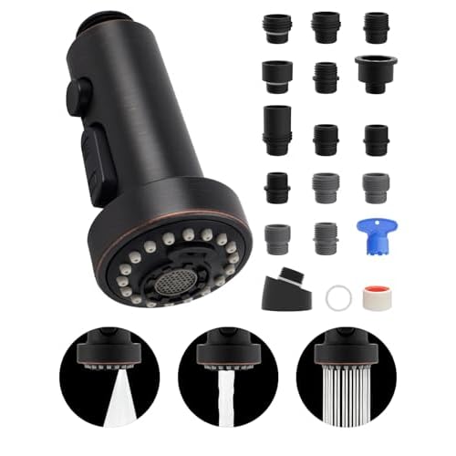 Hibbent NSF/ANSI/CAN 61 & CUPC Certified Pull Down Kitchen Faucet Head Replacement, 3 Function Sink Faucet Sprayer Nozzle, 15 Adapters, Compatible with Moen, Delta, Kohler Faucets, Oil Rubbe