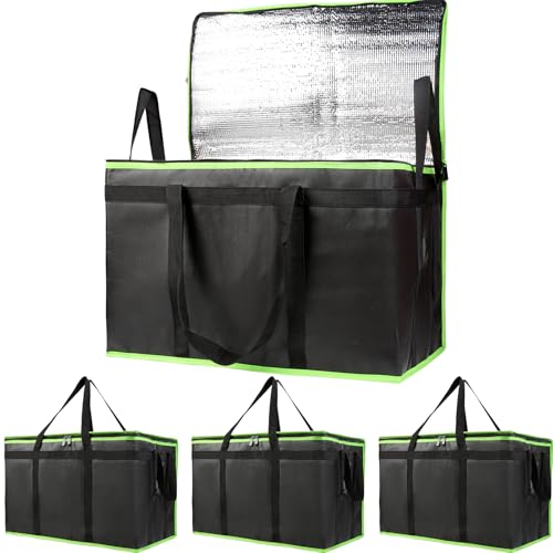 Bodaon 4-Pack Cooler Insulated Food Delivery Bag, Rideshare Delivery Bag, XXX-Large Thermal Bags for Catering/Hot Pizza, Travel/Camping/Picnic/Grocery Reusable Warmer Frozen, Black-Green Edge
