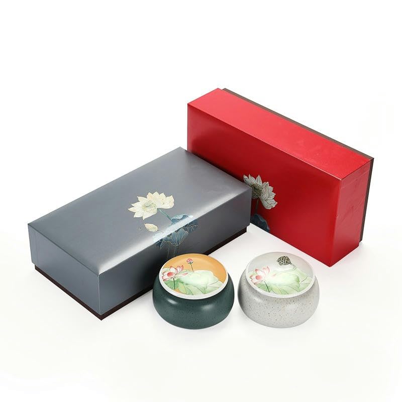 NANZU 9 * 14.5CM Barattoli di Ceramica di Loto Dipinti a Mano Rossi con coperchi Confezione Regalo Barattoli di Ceramica ermetici per tè e caffè Barattoli di Porcellana