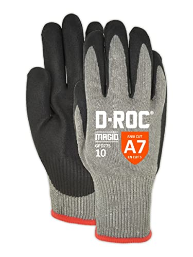 Magid D-ROC Lightweight Hyperon NitriX Grip Technology Palm Coated Work Gloves – Cut Level A7 (1 Pair), Grey, 9 L