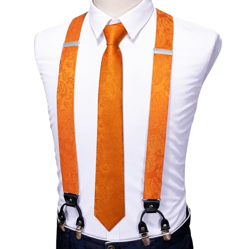 Image of Barry.Wang Men Suspender Set with Necktie Elastic Y Type Heavy Duty 6 Clips Braces Tie Handkerchief Cufflink Pin 6PCS