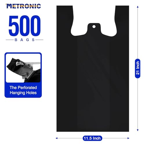 METRONIC 500 Count Black Plastic T-shirt Bags with Handle, 11.5 x 6.5 x 21 Plastic Carry Bags for Retail, Supermarket, Grocery Shopping Bag for Packaging, Takeout, Trash, Convenience Stores, in Bulk by METRONIC - Image 2
